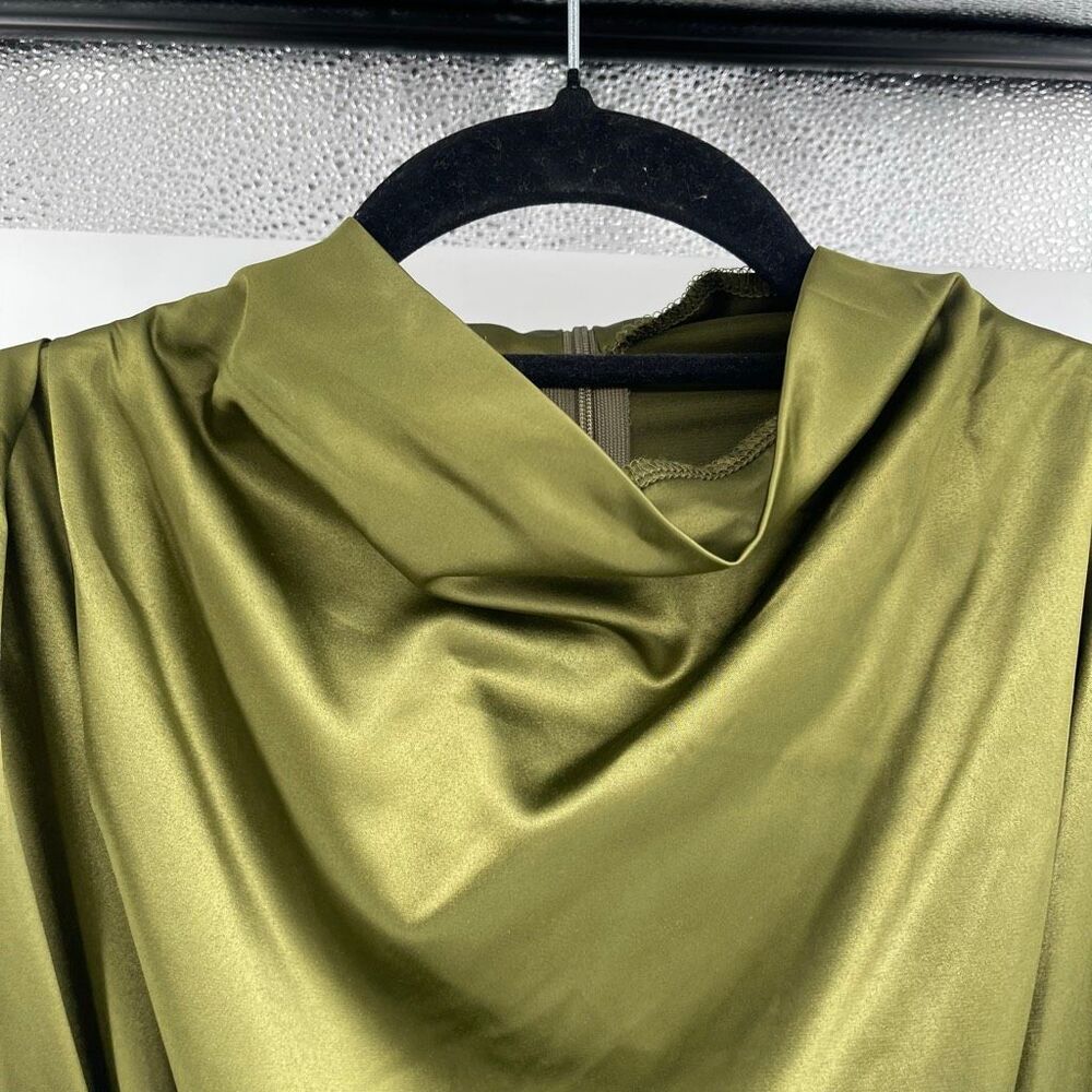 Olive Satin Draped Ruched Mini Dress XL Cowl Neck Cocktail Wedding Guest - Picture 4 of 15
